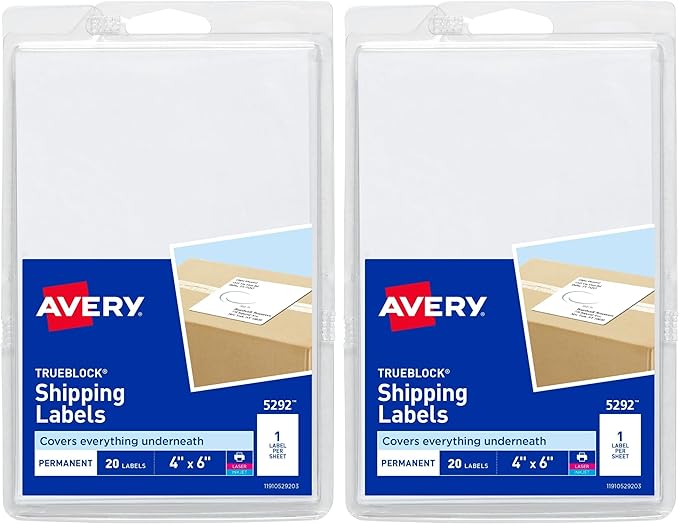Avery Printable Shipping Labels, 4" x 6", White, 20 Blank Address Labels (05292) (Pack of 2)