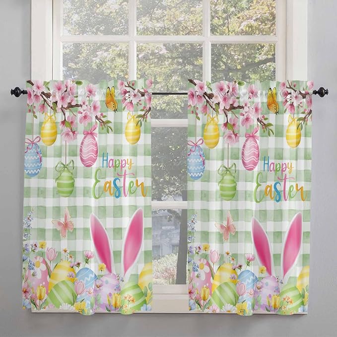 Happy Easter Kitchen Curtains 54 Inches Length, Spring Bunny Eggs Flower Sage
