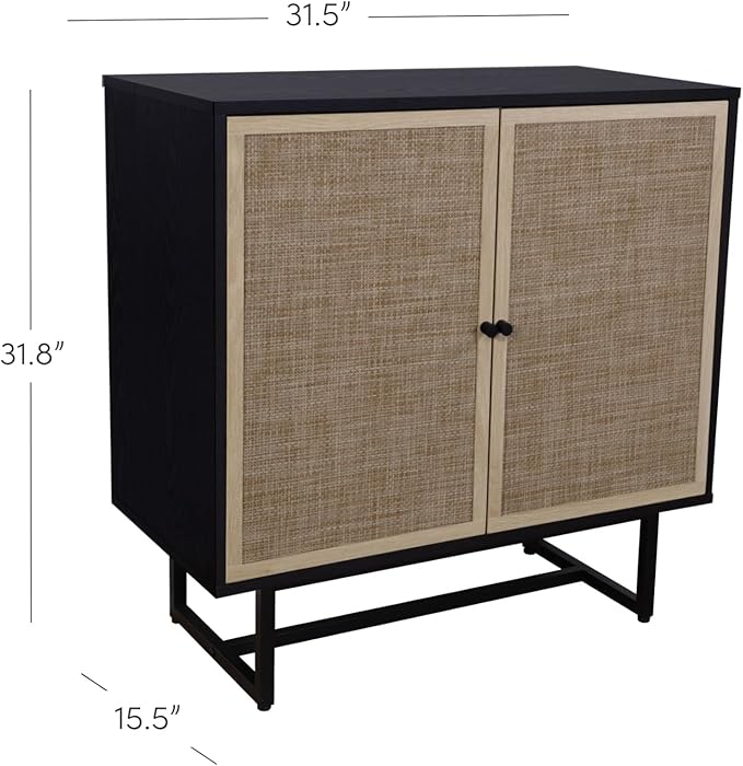 Nathan James Kova Rattan Wood Accent Sideboard Storage Cabinet with Matte Metal Frame, Adjustable Interior Shelves and Cane Doors, for Hallway, Entryway or Living Room, Black Oak/Cane