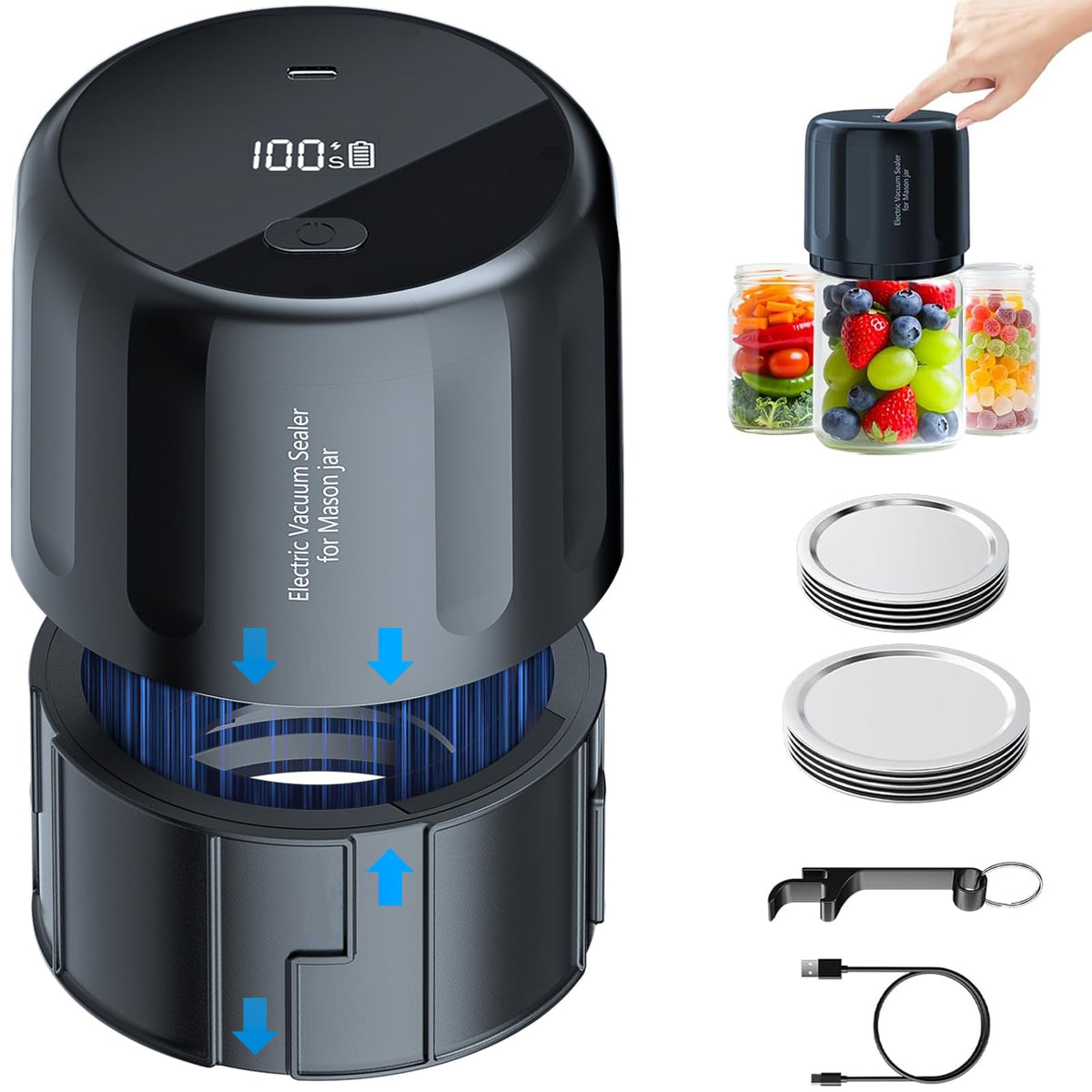 Upgraded Auto Stop Electric Mason Jar Vacuum Sealer Kit (Lids Included) for Wide & Regular Mouth Jars, Large Screen & Battery Level Display, Fully Automatic Portable Canning Food Storage Sealer
