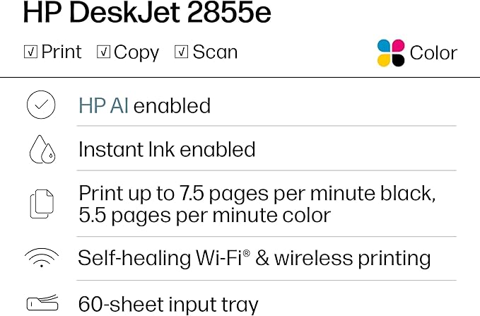 HP DeskJet 2855e Wireless All-in-One Color Inkjet Printer, Scanner, Copier, Best-for-home, 3 months of Instant Ink included, Single-band Wi-Fi connectivity (588S5A)