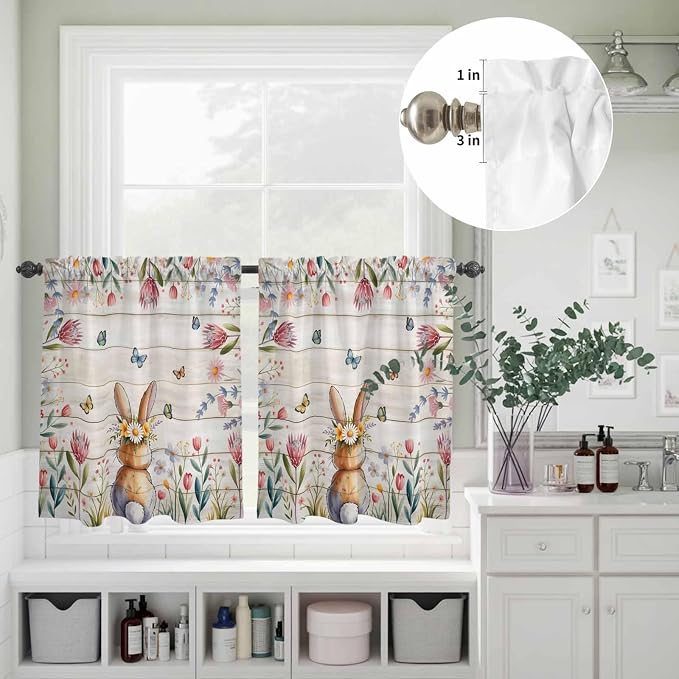 Kitchen Curtains Tiers and Valance Set of 3, Easter Light Filtering Window