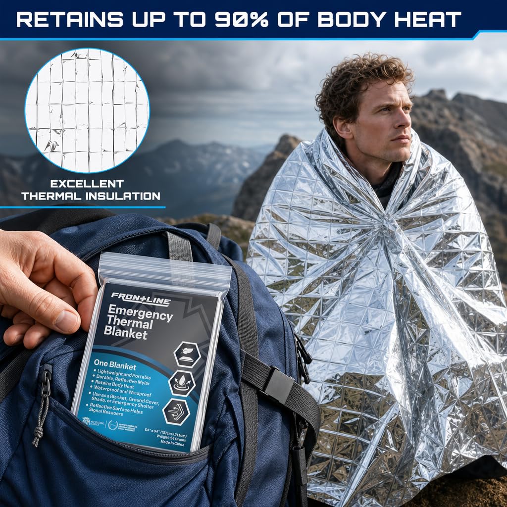 FRONTLINE Mylar Emergency Blankets 54" x 84" | Lightweight Thermal Survival Space Blanket, Waterproof & Windproof Foil Blanket for Camping, Hiking, First Aid & Disaster Preparedness (4)