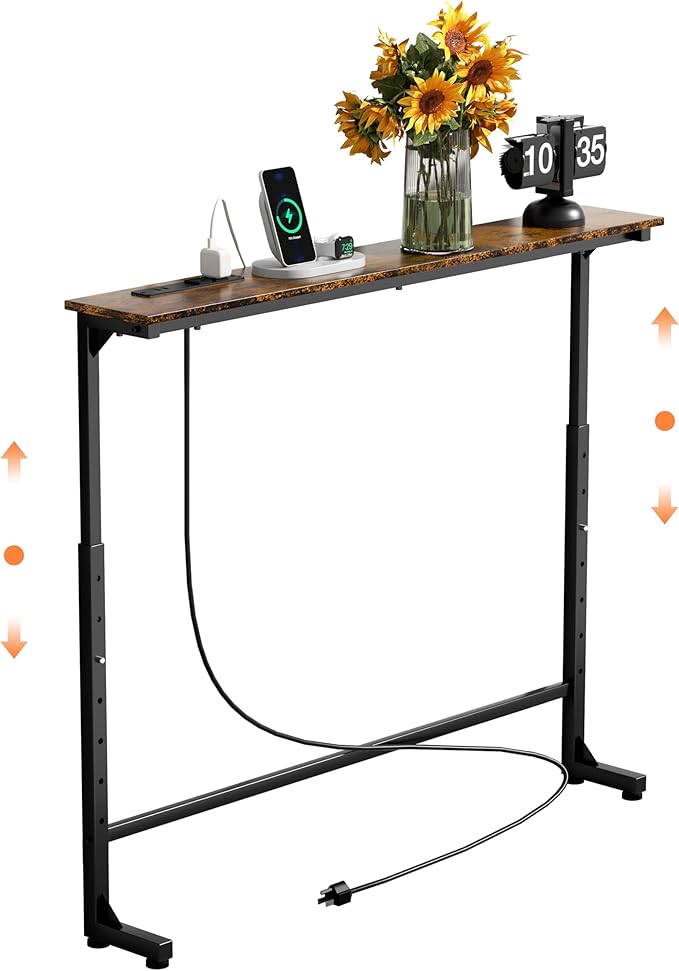 GRLEAF 39" Adjustable Height Narrow Console Table with Power Outlets, Long Sofa Table with Charging Station Behind Couch Table Skinny Entryway Table for Living Room, Hallway and Office – Rustic Brown