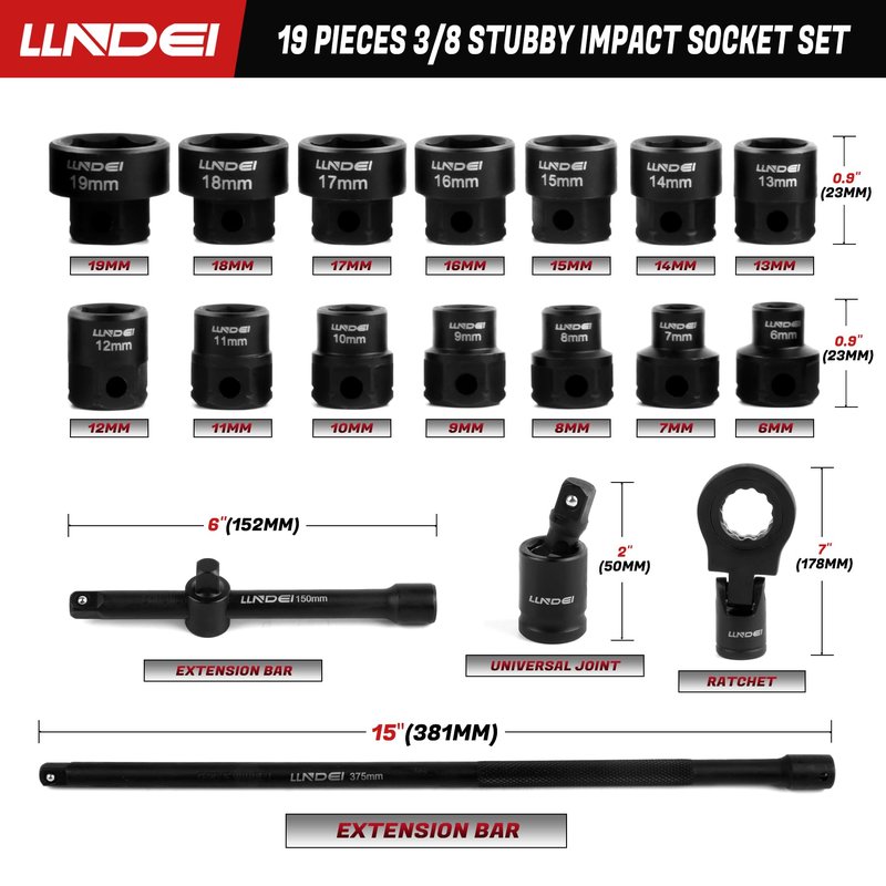 LLNDEI 3/8" Drive Stubby Impact Socket Set Metric 6-19mm, 19-Piece Cr-Mo Nano Socket Set with 2 Extension Bars (6" & 15"), Universal Joint & Ratchet Wrench for Tight Space Access