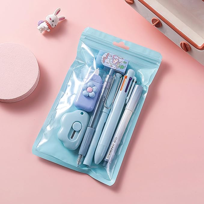 7 Pcs Cute Blue Stationery Set Kawaii School Supplies Office Supplies Including Ballpoint Pens Pencil Sharpener Highlighter Correction Tape Ruler Utility Knife (Blue)