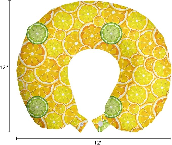 Ambesonne Yellow Travel Pillow Neck Rest, Lemon Orange Lime Fruit Citrus Round Cut Circles Big and Small Pattern, Memory Foam Traveling Accessory for Airplane and Car, 12", Yellow White