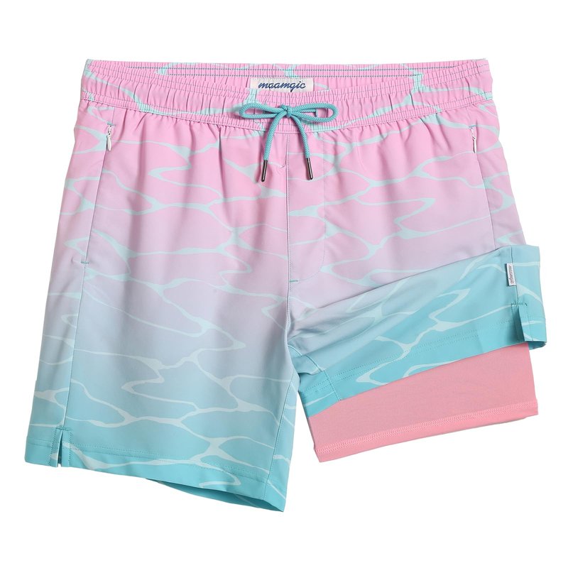 maamgic 2 in 1 Mens Swim Trunks 7 Inch Swim Shorts Swim Suits Board Shorts Gradient Water Ripple-Pink Blue XX-Large