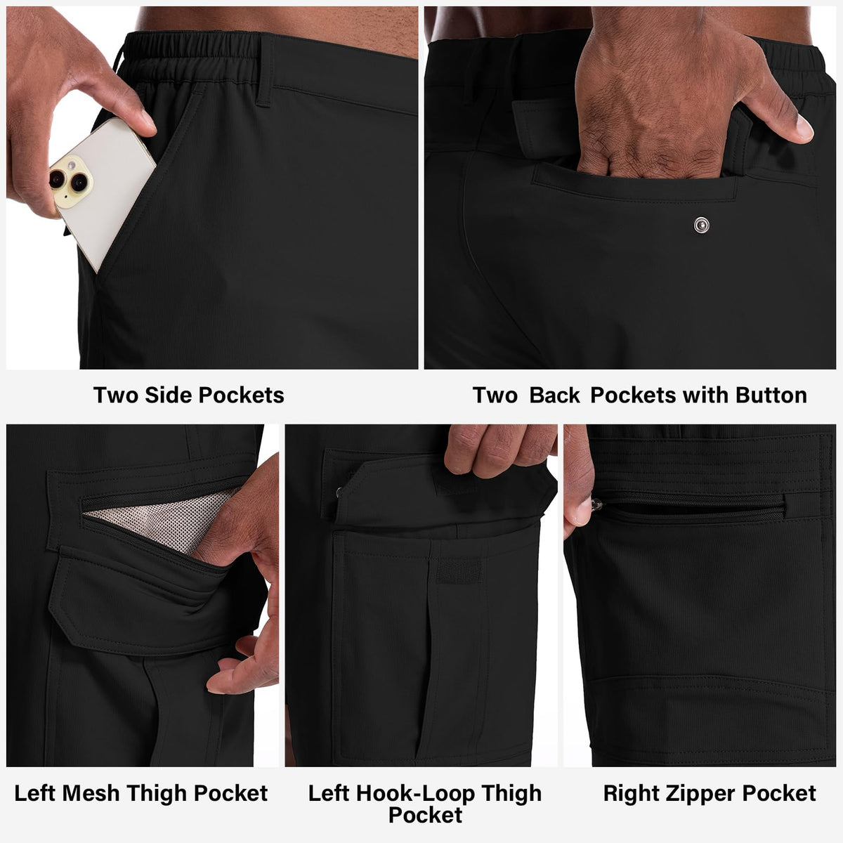 Jessie Kidden Mens Outdoor Casual Expandable Waist Lightweight Water Resistant Quick Dry Fishing Hiking Shorts #6222-Black,38