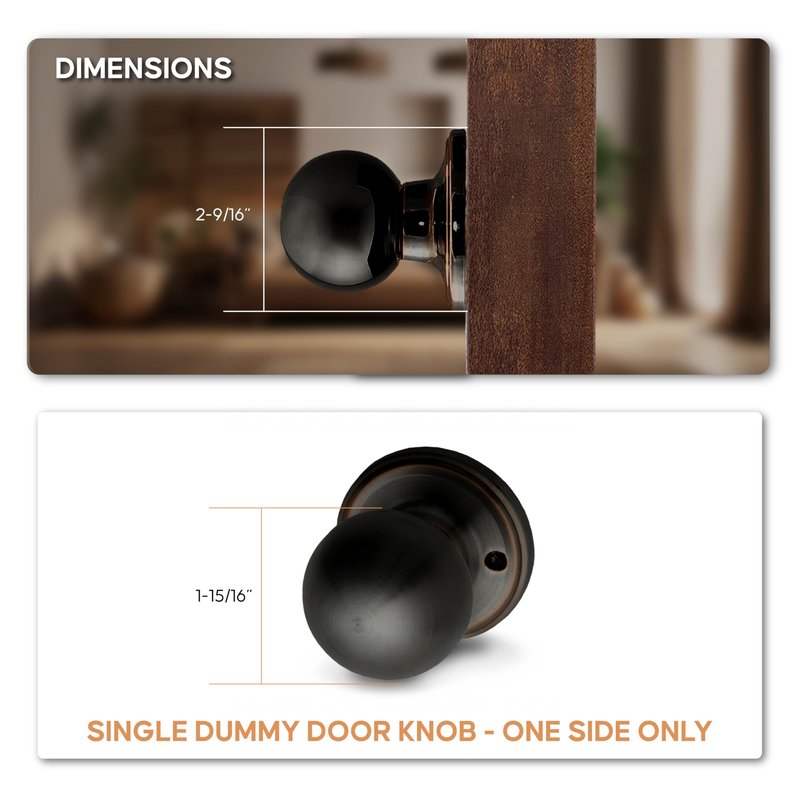 Copper Creek Dummy Interior Door Knob – ANSI Grade-3 Certified, Modern Heavy Duty Handle, Easy Install and Reversible for French Doors & Closets, Non Turning – Tuscan Bronze (1 Pack)