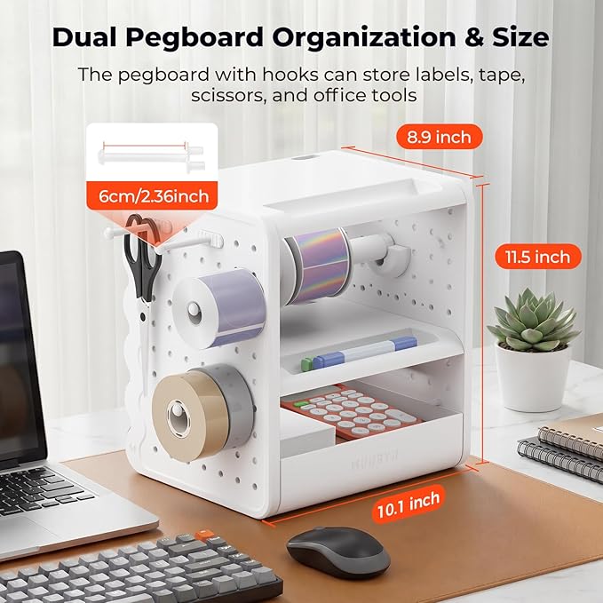 MUNBYN ILH03 4x6 Thermal Label Holder, 5-in-1 Sticker Holder with 3-Tier Shelf, Drawer, Hooks & Pegboard, for Shipping Label Printing, Office, Small Business, Home