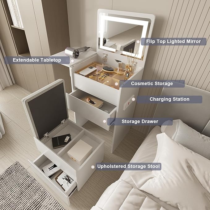 Vanity Desk with Flip Top Lighted Mirror, Compact Makeup Table with Storage Stool, Integrated Vanity with Drawers, 3-in-1 Vanity Desk Set, Small Dressing Table for Bedroom (White)