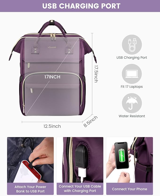 LOVEVOOK 17.3 Inch Laptop Backpack, Large Travel Backpack for Women, Water Resistant Teacher Backpack with Laptop Compartment, Professional Business Work bags with Charger, Dark Purple