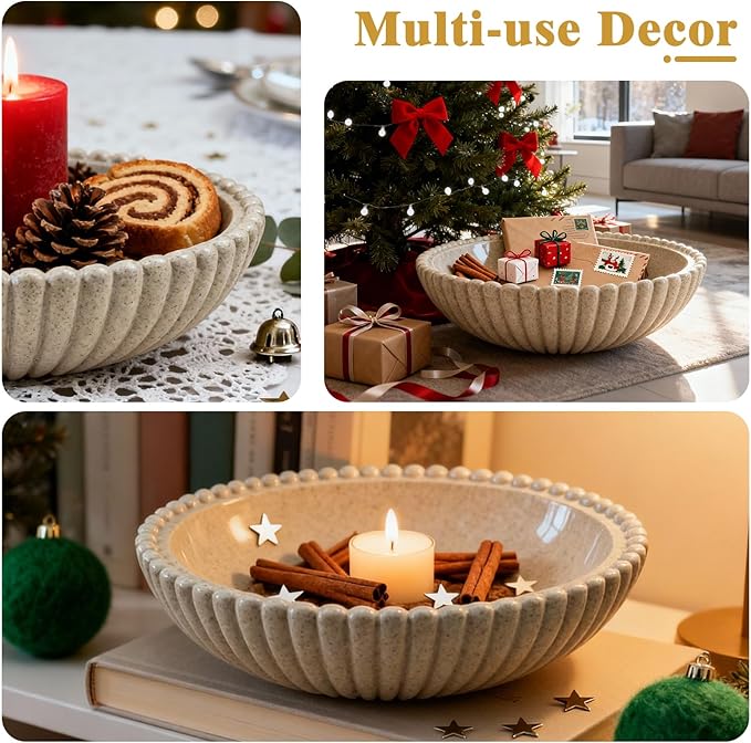 Large Decorative Bowl for Home Decor 12 Inch Resin Fruit Bowl Sandstone Ruffle Key Bowl for Coffee Table Shallow Centerpiece Bowl Catch All Bowl for Kitchen Counter, Entryway, Living Room