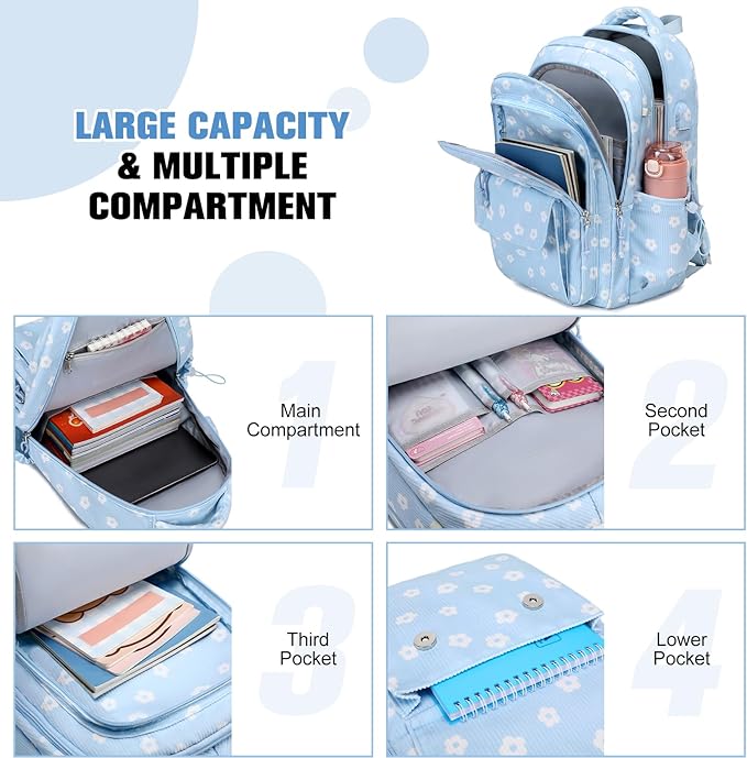 Bevalsa Backpack for Gilrs, 3PCS Corduroy Kids Backpack Set with Lunch Box & Pencil Pouch, Bookbag Daypack Laptop Bag for Women Teens Elementary Middle High School