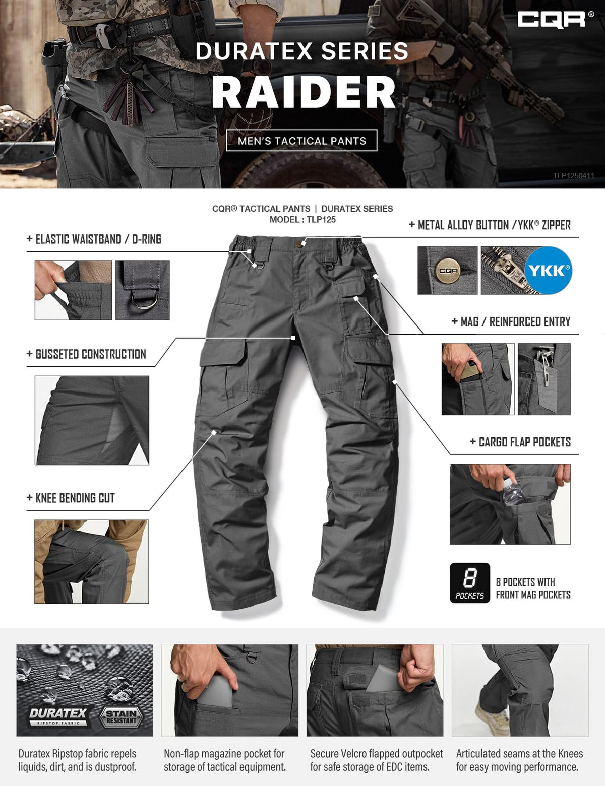 CQR Men's Tactical Pants, Water Resistant Ripstop Cargo Pants, Lightweight EDC Work Hiking Pants, Outdoor Apparel, Duratex Mag Pocket Charcoal, 36W x 34L