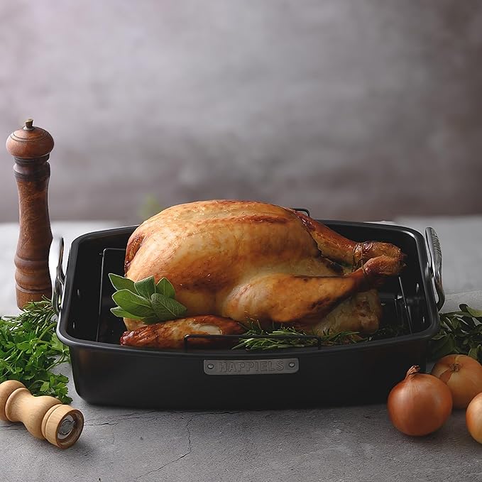 HAPPIELS 13 x 17 inch Roasting Pan with Rack 20-25 lb Nonstick