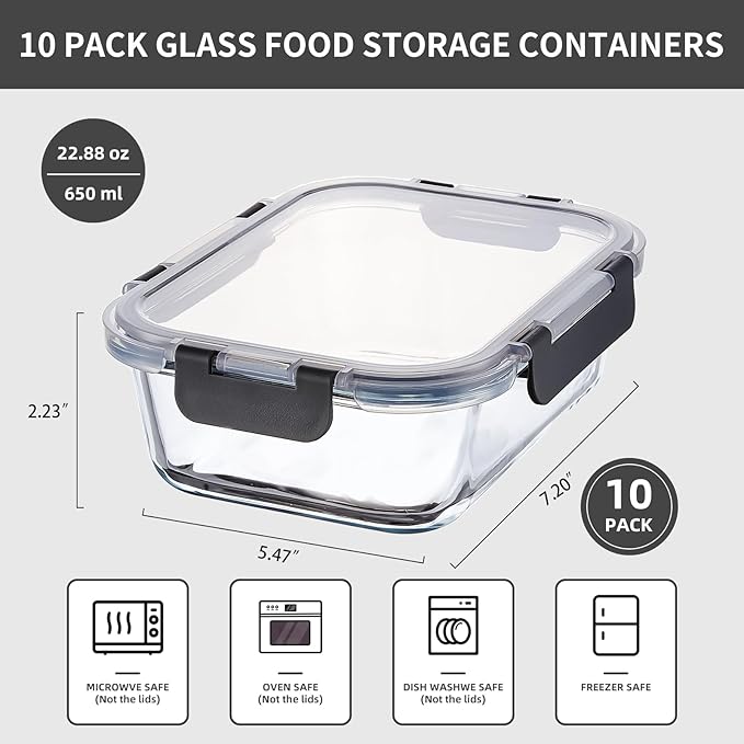Wancilock 10 Pack 22 oz Glass Meal Prep Containers, Glass Food Storage Containers with Lids, Reusable Airtight Leakproof Lunch Bento Boxes Freezer, Microwave Oven and Dishwasher, Gray
