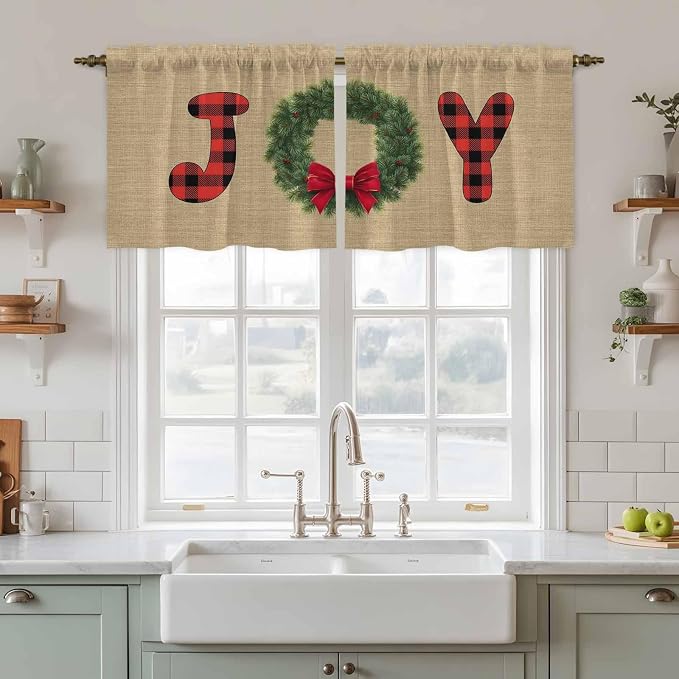 Red Green Christmas Kitchen Tier Curtains 36 Inch Long 2 Panel Set, Rod Pocket