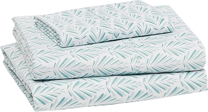 Amazon Basics Lightweight Super Soft Easy Care Microfiber 3 Piece Bed Sheet Set With 14-Inch Deep Pockets, Twin XL, Aqua Fern, Printed