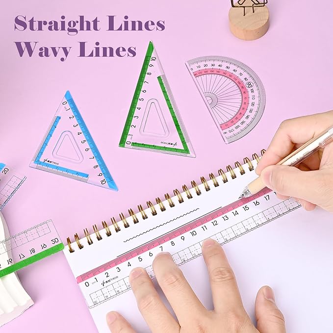 BAYTORY 12Pcs Transparent Ruler Set, Shatterproof Colorful Acrylic Rulers, Clear Lightweight Geometry Set, Student Stationery Measuring Tool, for School and Office (Bright Colors)