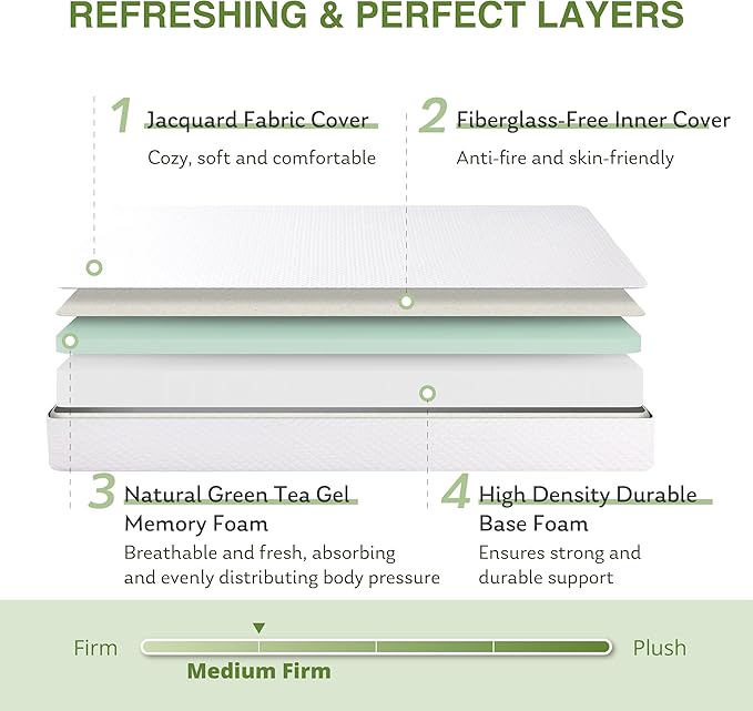 EGOHOME Twin XL Memory Foam Mattress, 12 Inch Bed Mattress in a Box with Cooling Green Tea Gel, Relieve Pressure with Medium Support, CertiPUR-US Certified, 80''L x 38''W, White