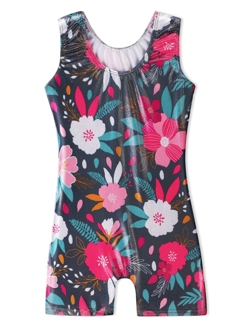 HOZIY Little Kid, Girls Gymnastic Outfit with Shorts Leotards Biketards Black Sparkle Shiny 3t 4t Biketard Tumbling Outfits Black Flower Green Hot Pink White Floral Kids Leo Gymnastic Clothes Apparel