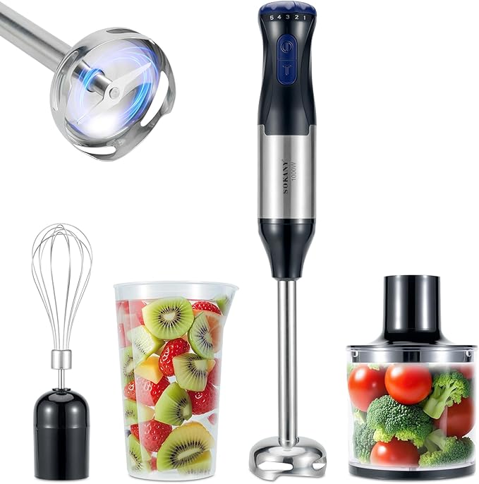 freebala Immersion Blender, 4 in 1 Hand Bender Max 1000W, 5 Speeds & Turbo with Copper Motor Stainless Steel Blade, Handheld Blender Stick Mixer with Egg Whisk, 700ml Beaker & 500ml Chopper Bowl