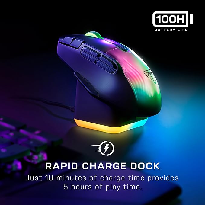 Turtle Beach Kone XP Air Wireless RGB Gaming Mouse, 19000 DPI Optical Sensor, 100-hour Rechargeable Battery & Charging Dock, 29 Programmable Inputs, Ergonomic Design, Bluetooth, 4D Wheel – Black