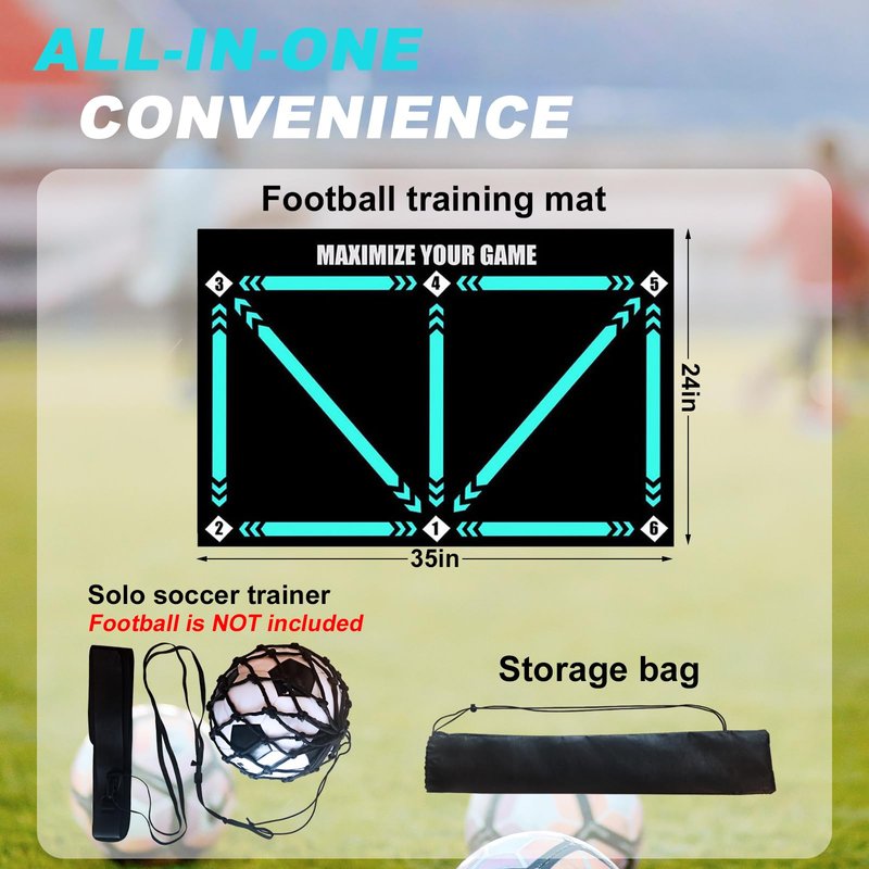 ECENUR Football Footstep Training Mat, Soccer Training Mat 35 * 24IN, Soccer Skills Training Equipment with Storage Bag and Soccer Return Trainer Net (Black-Blue)