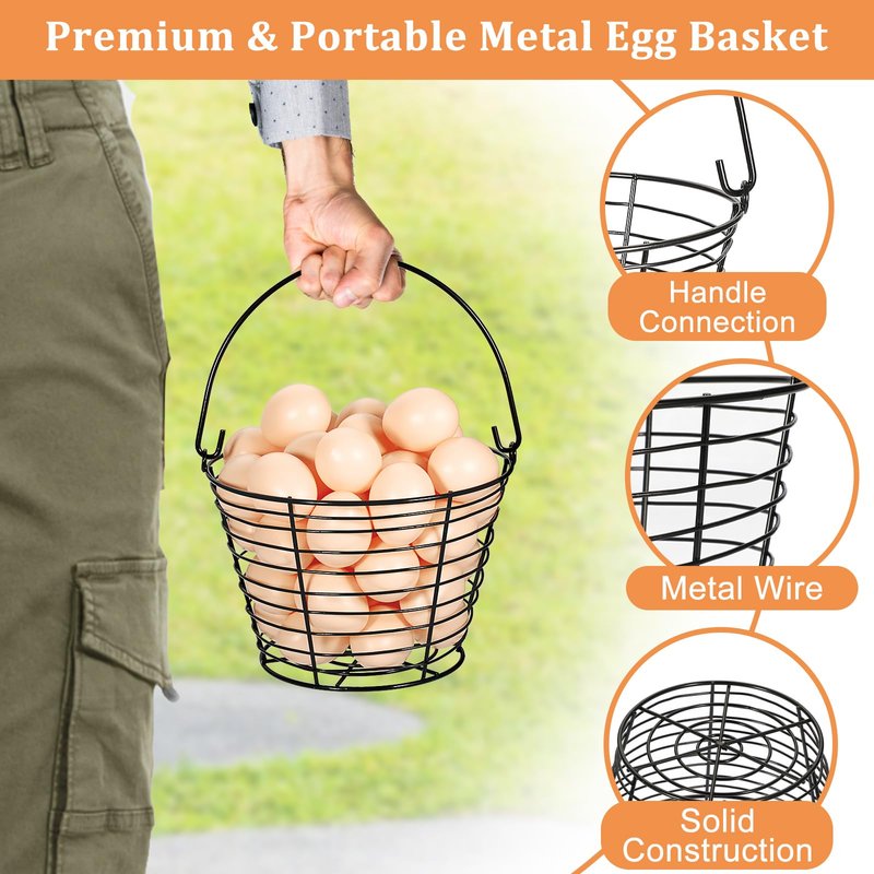 OGANAZI 3 PCS 8" Black Round Wire Egg Baskets With Handle, Small Metal Egg Collecting Basket for Gathering Fresh Eggs, Chicken and Duck Eggs Hunting Basket Egg Holder Countertop