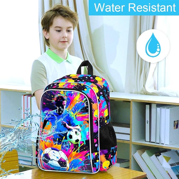 KLFVB 3PCS Backpack for Boys, 17" Kids Football Bookbag and Lunch Box, Water Resistant Teenagers School Backpacks for Middle Elementary - Spray-Paint Soccer