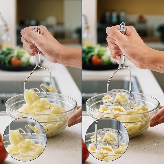 Maclia 2PCS Stainless Steel Mashed Potato Masher for Vegetable, Ground Beef