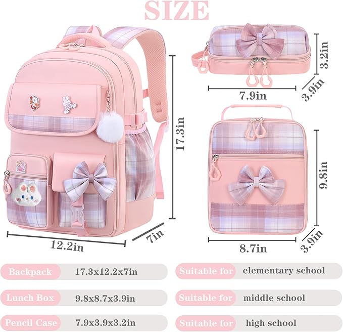 Girls Backpack,Kids School Backpack With Lunch Box Pencil Case Set,Cute Childrens Schoolbag For Girls