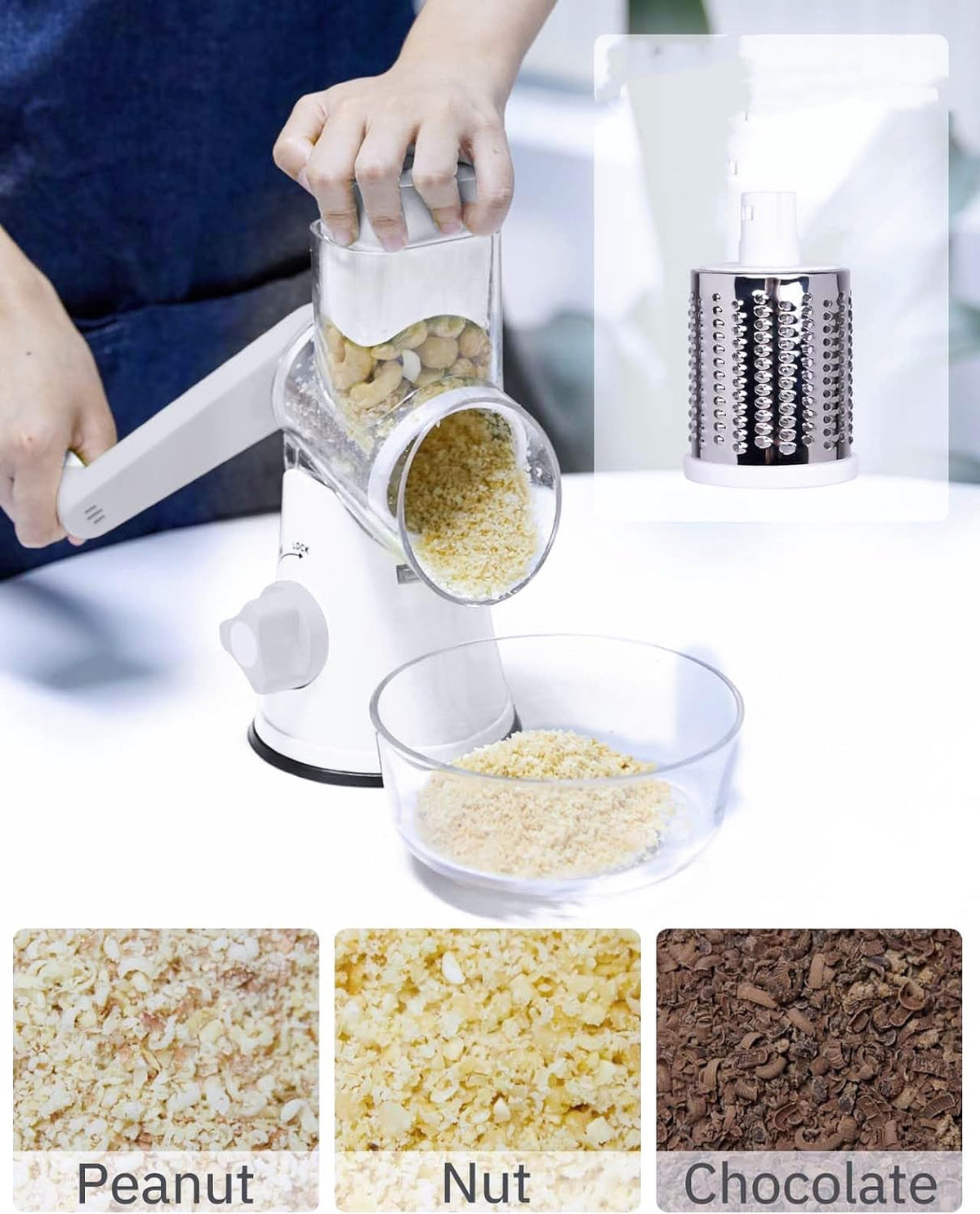 Rotary Cheese Grater Hand Crank, Grater For Kitchen With Reinforced Suction - Rotary Cheese Grater With 3 Replaceable Stainless Steel Blades - Easy to Use & Clean - Vegetable Cutter (White)