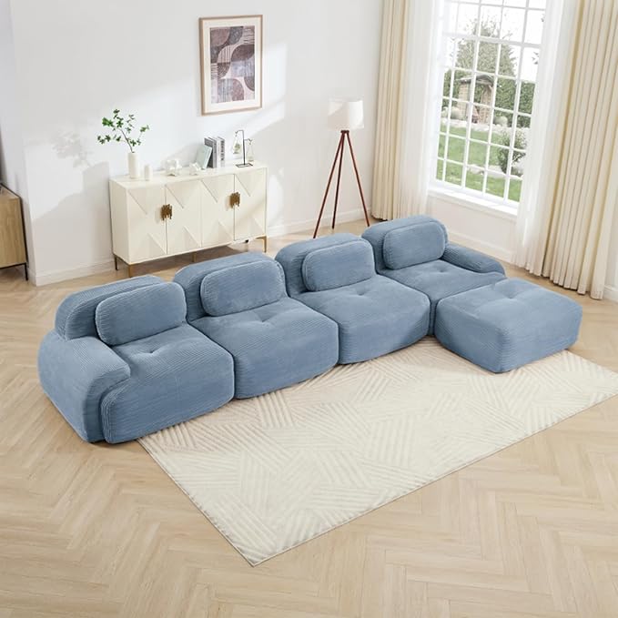 Blue Ottoman for Modular Sectional Sofa, Corduroy Deep Seat for Oversized Compressed Boneless Sectional Couches for Living Room Bedroom Apartment, Cloud Sofa Couch Set, Memory Foam, No Assembly
