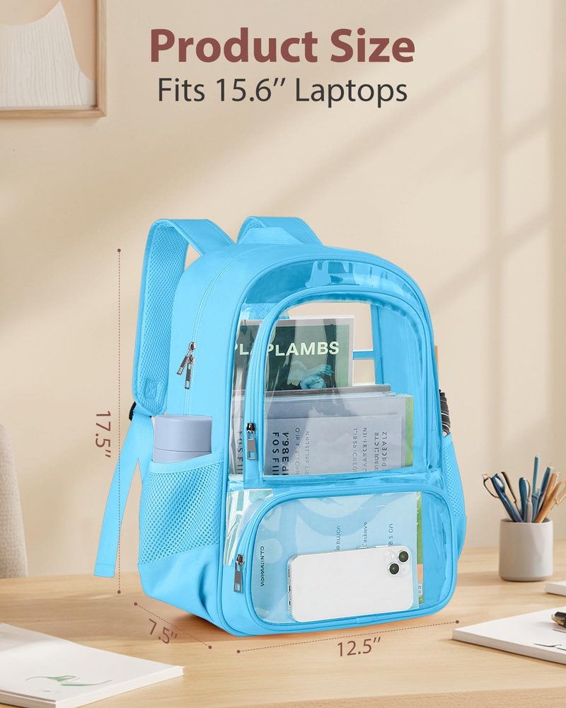 KIMNERPU Clear Backpack, Fabric & PVC Transparent Backpack with Reinforced Strap for Women Men, Heavy Duty Transparent Bookbag, Large Capacity Clear Bag, Travel, Security, Blue