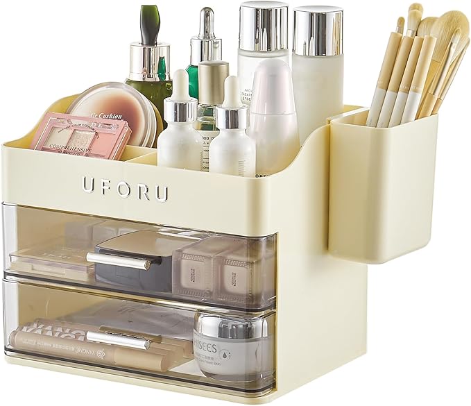 Makeup Organizer for Vanity with Brush Holder, Countertop Organizer with 2 Drawers, Spacious Cosmetic Display Case for Beauty Essential, Skincare, Lipstick