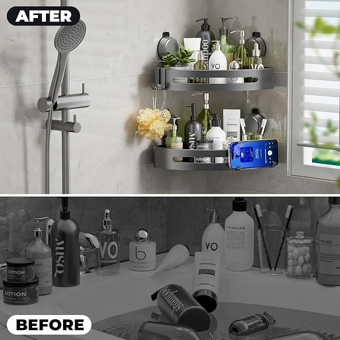 ONXE Corner Shower Caddy Suction Cup,Shower Shelves with Hooks,No Drilling Powerful Upgrade Suction Bathroom Corner Organizers and Storage,Removable Waterproof Rustproof Shower Shelf Bathroom Decor