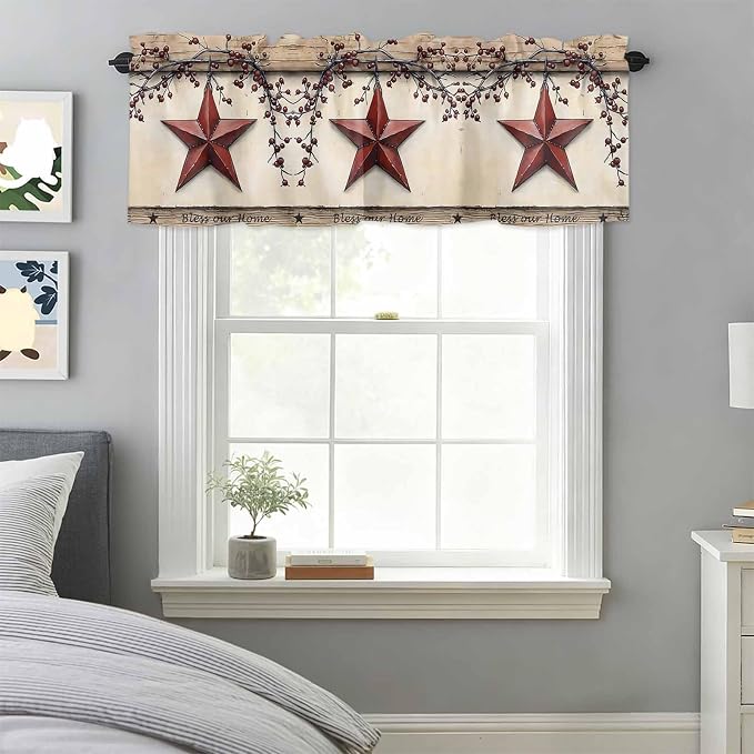 Farmhouse American Valances for Windows, Country Star Berries Vintage Wood