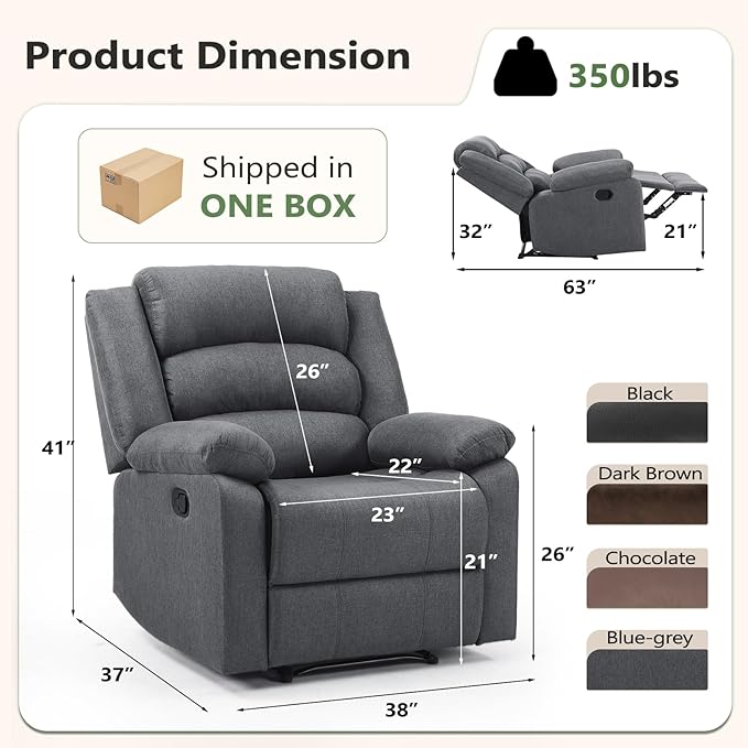ANJ Fabric Recliner Chair with Overstuffed Arms and Back, Comfy Grey Manual Recliner for Adults, Living Room Single Sofa