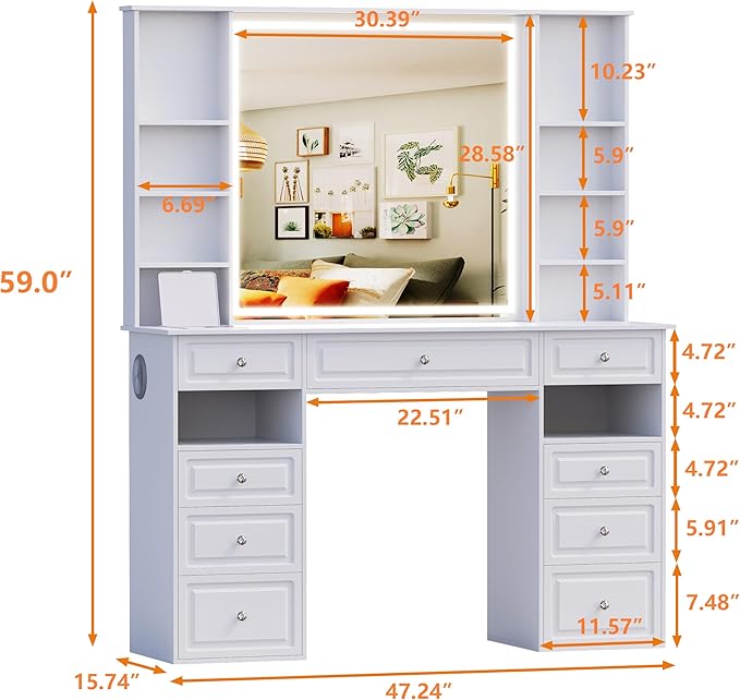 Vanity Desk with Mirror and Lights, Makeup Vanity Desk with Facial Mask Box, Dressing Table with Bluetooth Speaker, Makeup Vanity Set with Wireless Charger, 9 Drawers and 10 Shelves (47" W, White-A)