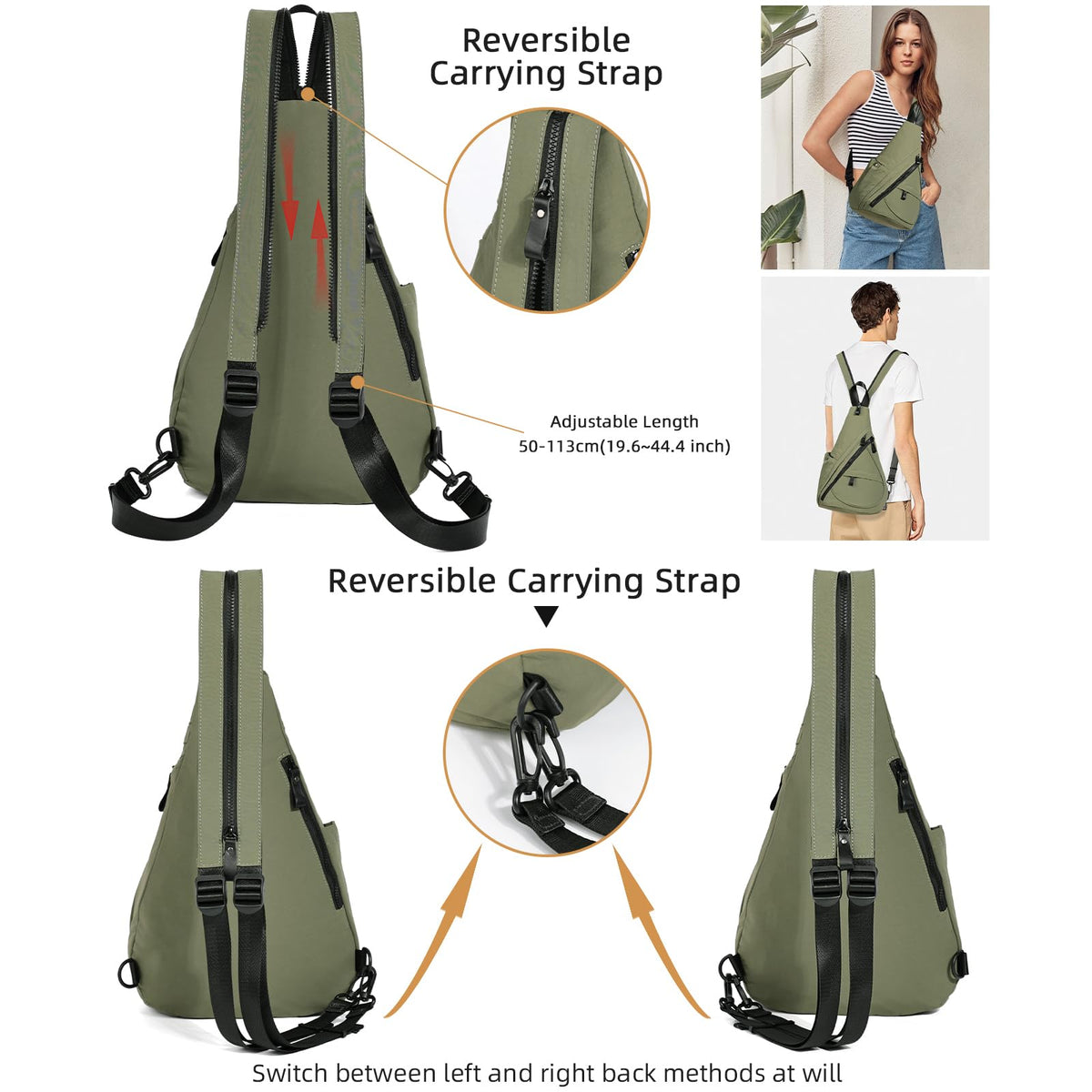 KL928 Crossbody Sling Backpack Nylon Cross Body Bag Travel Hiking Shoulder Bags Daypack Rucksack Unisex (Olive Green)
