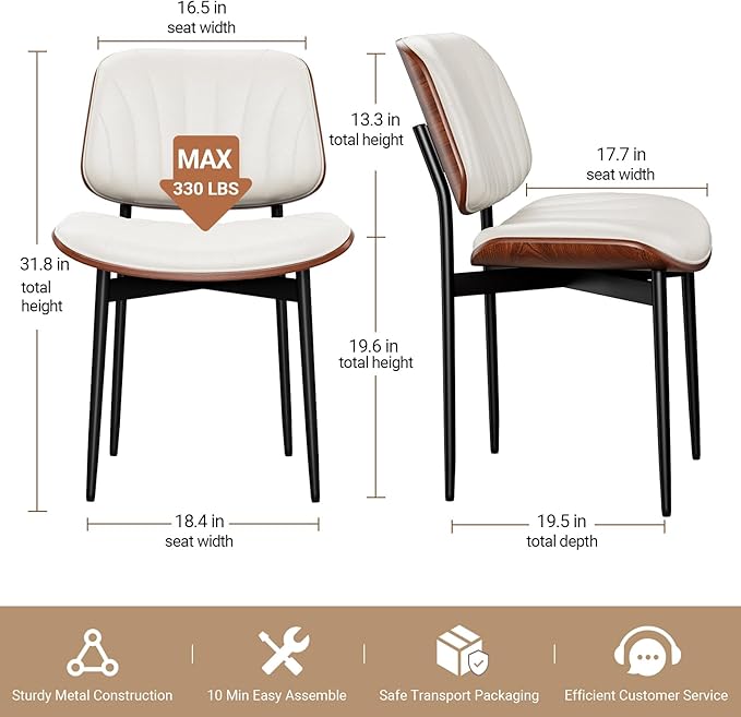 Dining Chairs Set of 4, Mid-Century Modern Upholstered PU Leather Chairs with Walnut Bentwood Back and Metal Legs Adjustable Feet for Kitchen Dining Room, Off-White Shell Strips