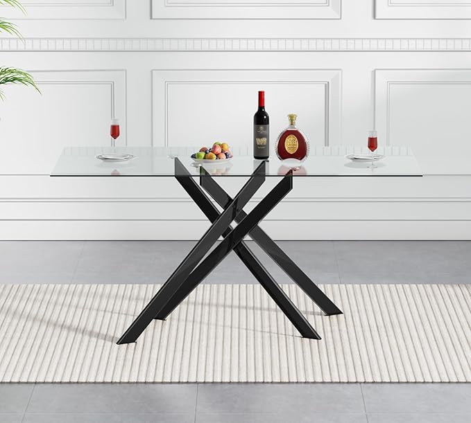 51" Rectangular Glass Dining Table Modern Kitchen Glass Top Table for 4 with Black Metal Legs, Clear Dining Table Kitchen Table for Home Office Dining Room