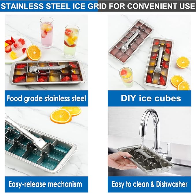 Stainless Steel Ice Cube Tray, Metal Ice Cube Trays for Freezer with Easy Release Lever, 18 Cubes Plastic Free Ice Mold for Whiskey, Cocktails & Drinks, Kitchen & Bar Use