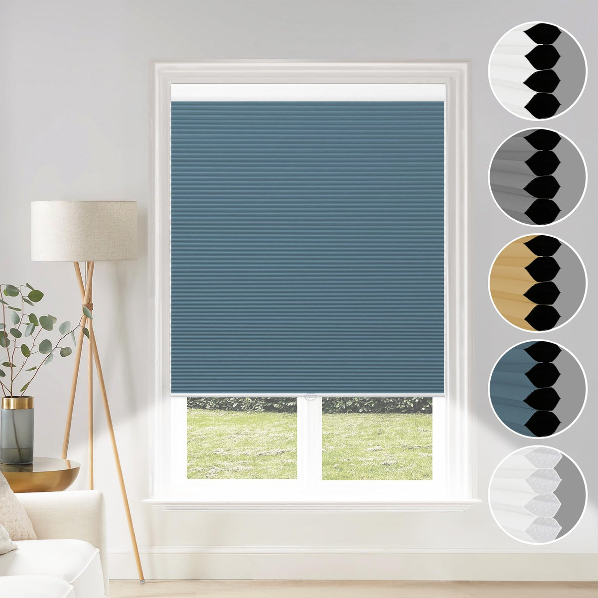 Grandekor Blackout Window Blinds and Shdes Cordless Cellular Shades, Ocean Blue-White, 34x64 inch