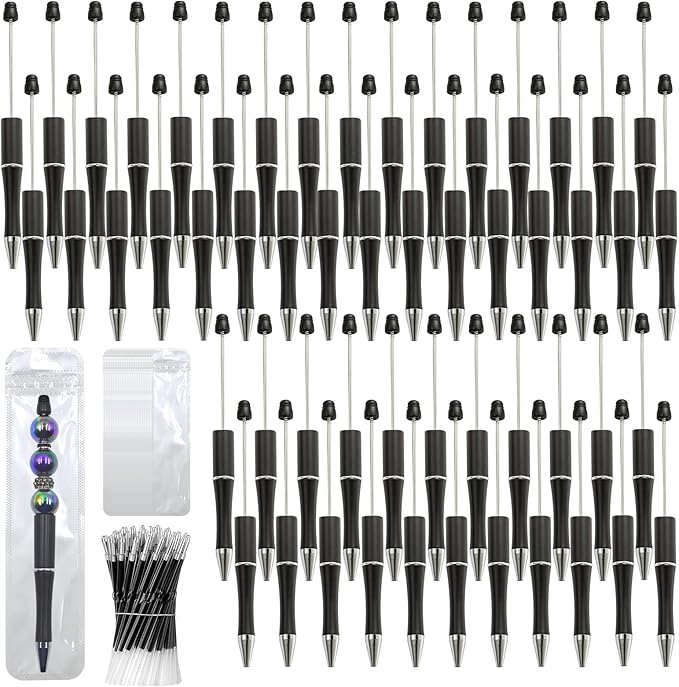 300 Pieces DIY Beadable Pen Kit – 100 Plastic Ballpoint Pens with Refills & Bags – School Supplies, Office Accessories & Decorative Items for Students & Teachers (Black)