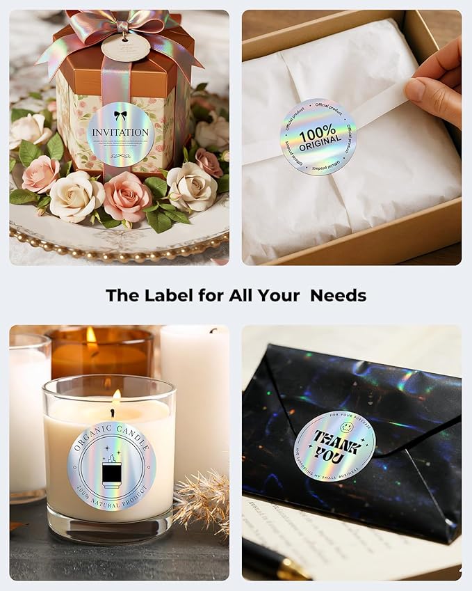 MUNBYN 2" Circle Holographic Thermal Labels, Round Printable Rainbow Glitter Thermal Printer Sticker Labels for Gift Wrapping, Self-Adhesive Name Price Tag DIY Custom Logo Design, 400 Sheets/1 Roll