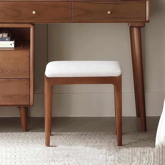 Solid Wood Small Vanity Stool Chair, High-Rebound Sponge Seat, Fully Assembled Makeup Chair, Footstool for Bedroom, Dining Room, Entryway, Walnut